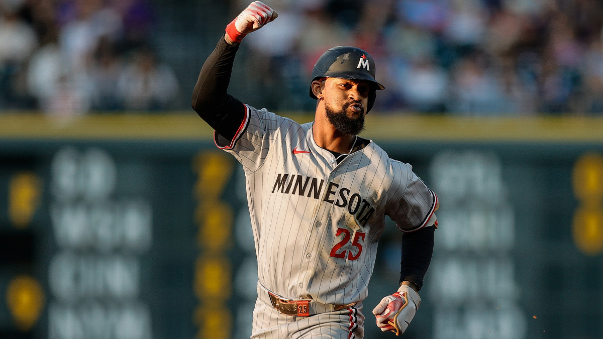 Minnesota Twins center fielder Byron Buxton (25) gestures as he rounds the bases on a solo home run in the fifth inning against the Colorado Rockies at Coors Field.