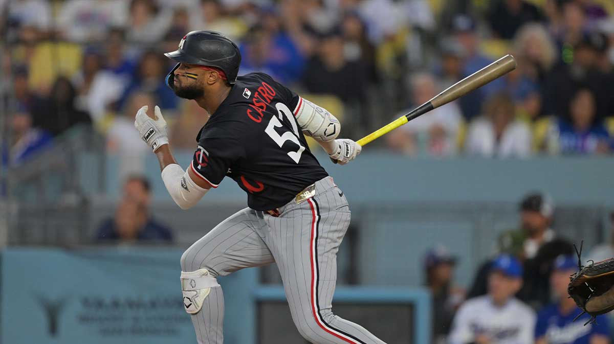 Minnesota Twins outfielder Willi Castro (50) hits a single against the Los Angeles Dodgers in the third inning at Dodger Stadium. The Twins are looking to deal Willi Castro ahead of the MLB Trade Deadline.
