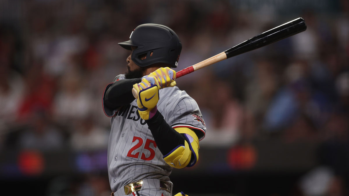 American League outfielder Byron Buxton (25) of the Minnesota Twins hits a double in the ninth inning during the 2025 MLB All Star Game at Truist Park.