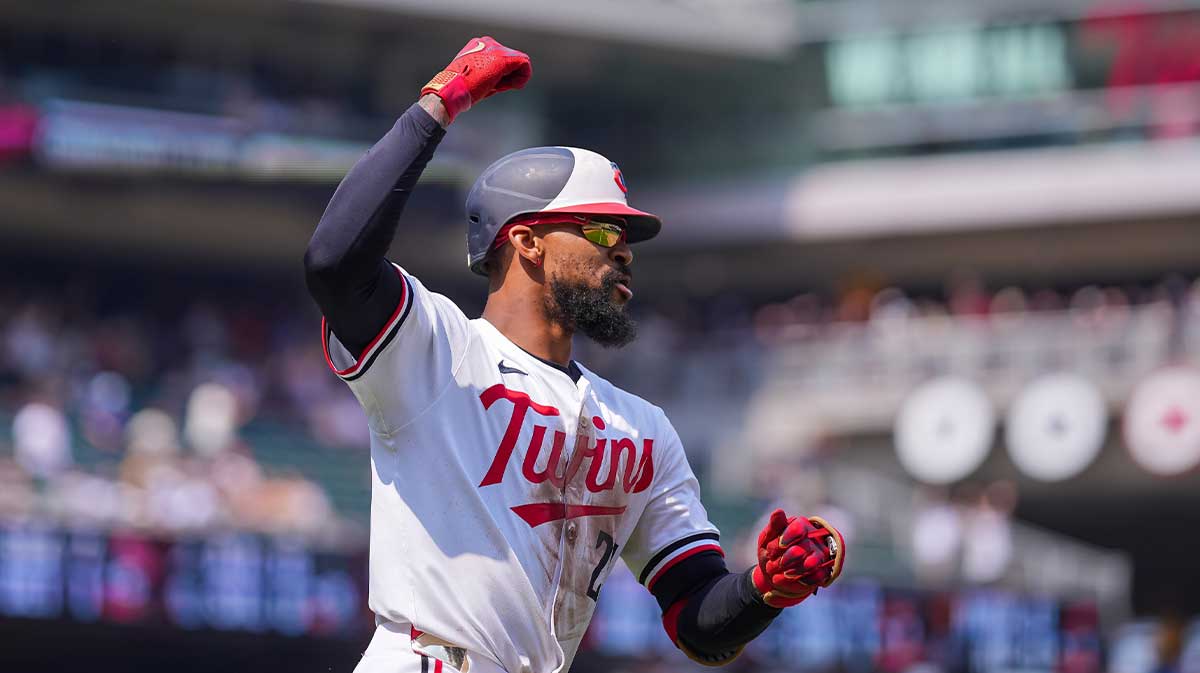 Minnesota Twins outfielder Byron Buxton (25) celebrates his home run for the cycle against the Pittsburgh Pirates in the seventh inning at Target Field.