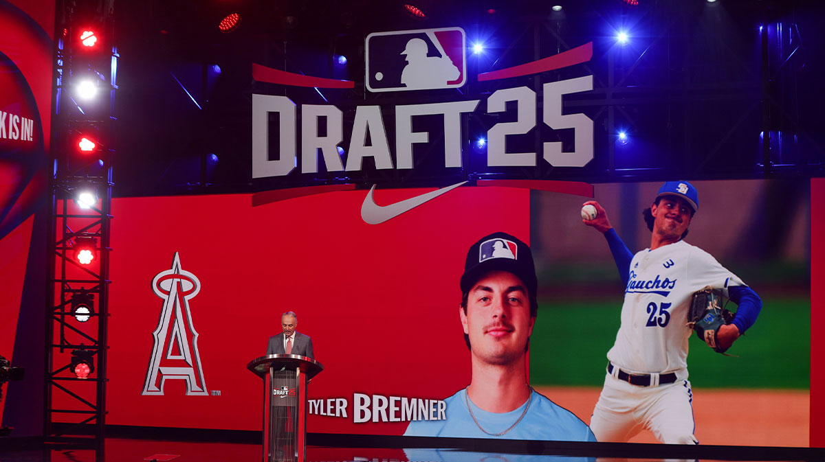 Tyler Bremner is drafted by the Los Angeles Angels with the second pick during the first round of the MLB Draft at The Coca-Cola Roxy.