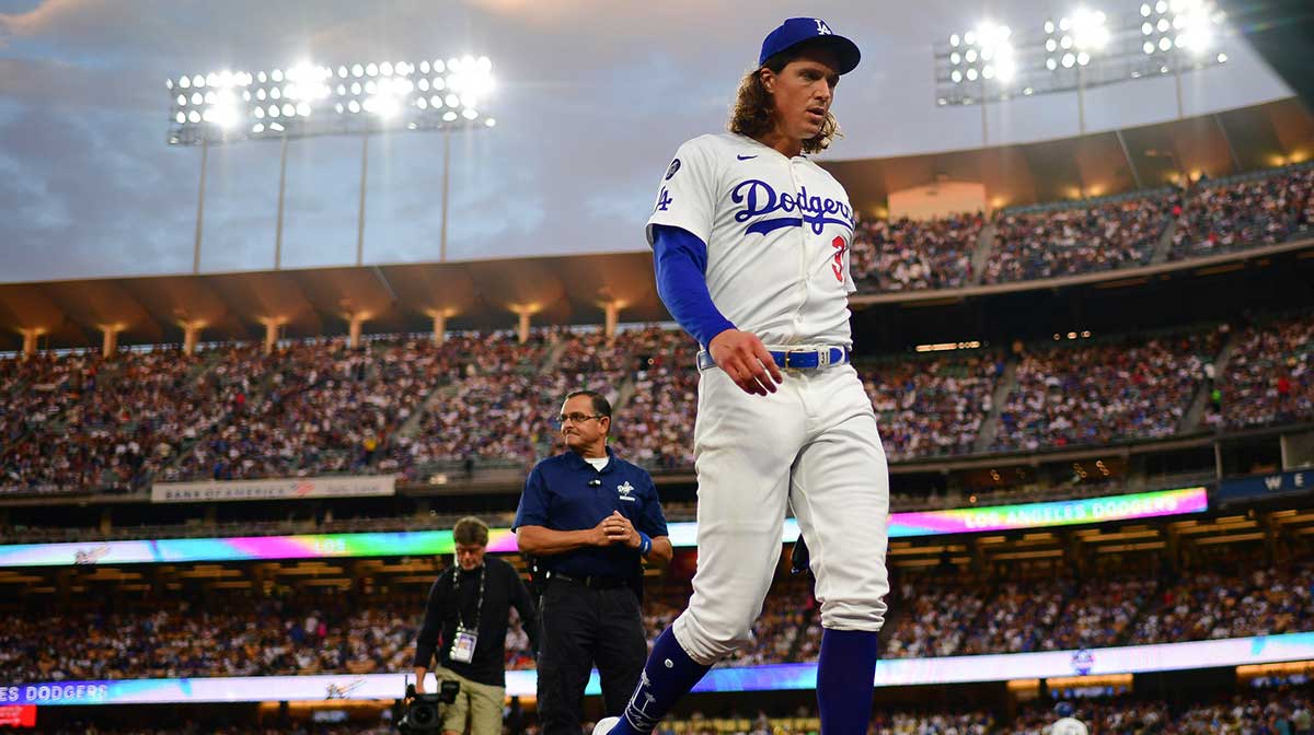 Los Angeles Dodgers starting pitcher Tyler Glasnow (31) returns to the dugout following the top of the fourth inning at Dodger Stadium.