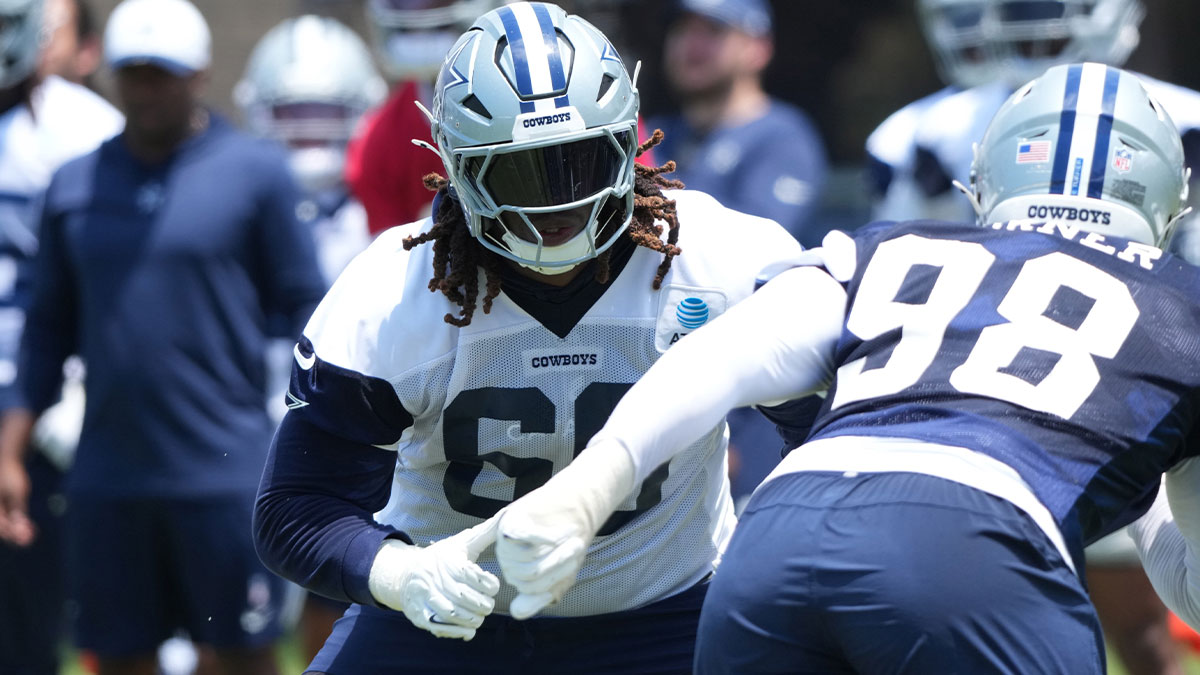 Dallas Cowboys tackle Tyler Guyton (60) defends against defensive end Payton Turner (98) during training camp at the River Ridge Fields.