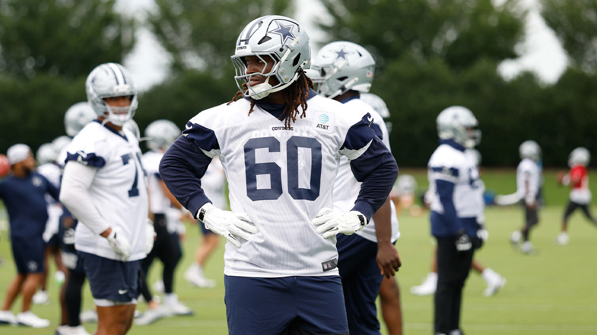 Dallas Cowboys offensive tackle Tyler Guyton (60) goes through a drill during practice at the Ford Center at the Star Training Facility in Frisco, Texas.