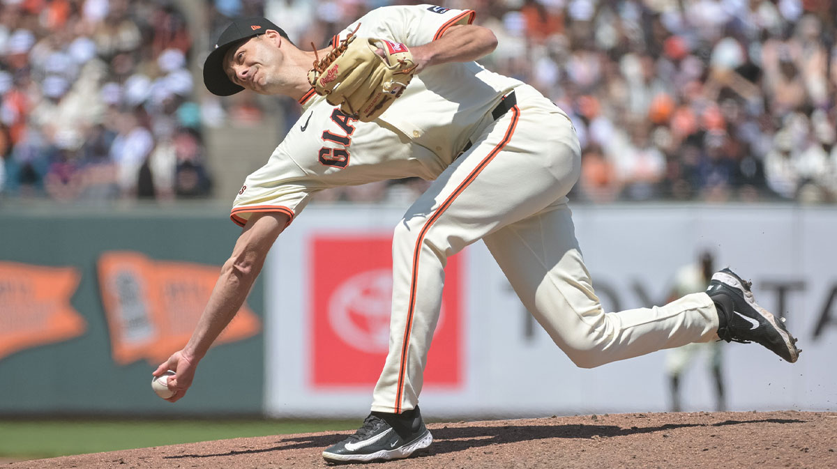 San Francisco Giants pitcher Tyler Rogers (71) throws a pitch against the Atlanta Braves during the ninth inning at Oracle Park.