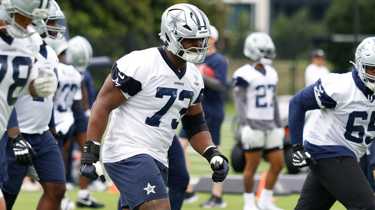 Dallas Cowboys guard Tyler Smith (73) goes through a drill during practice at the Ford Center at the Star Training Facility in Frisco, Texas.