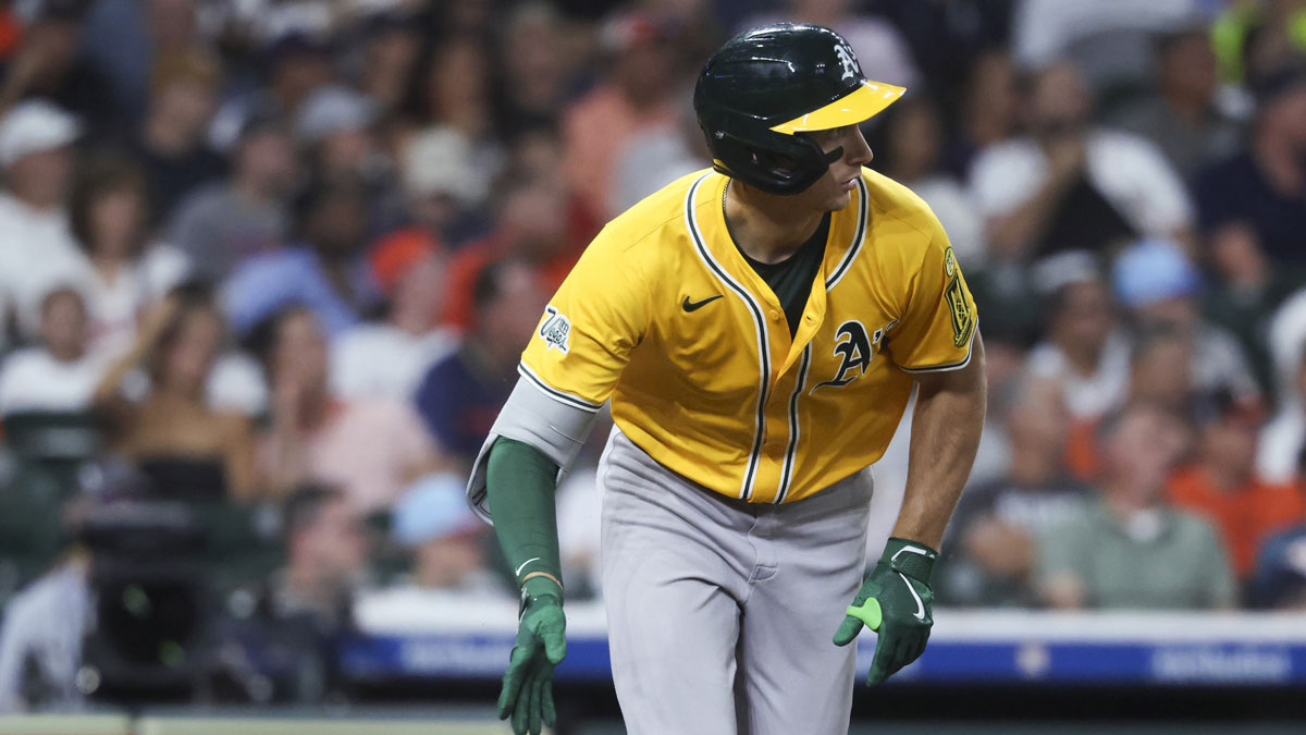 Athletics left fielder Tyler Soderstrom (21) hits a double during the fifth inning against the Houston Astros at Daikin Park.