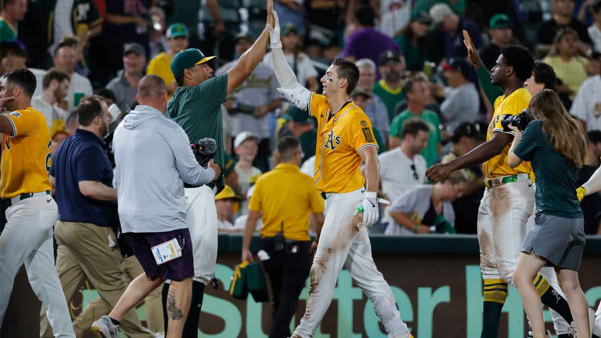 Athletics left fielder Tyler Soderstrom (21) celebrates after the game against the Atlanta Braves at Sutter Health Park.