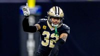 New Orleans Saints safety Tyrann Mathieu (32) reacts to a play against the Las Vegas Raiders during the second half at Caesars Superdome.