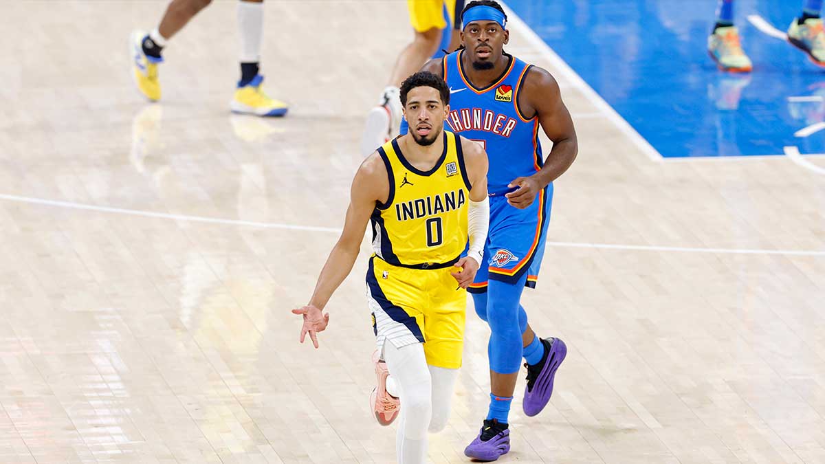 Indiana Pacers guard Tyrese Haliburton (0) reacts after against the Oklahoma City Thunder during the first half of game seven of the 2025 NBA Finals at Paycom Center.