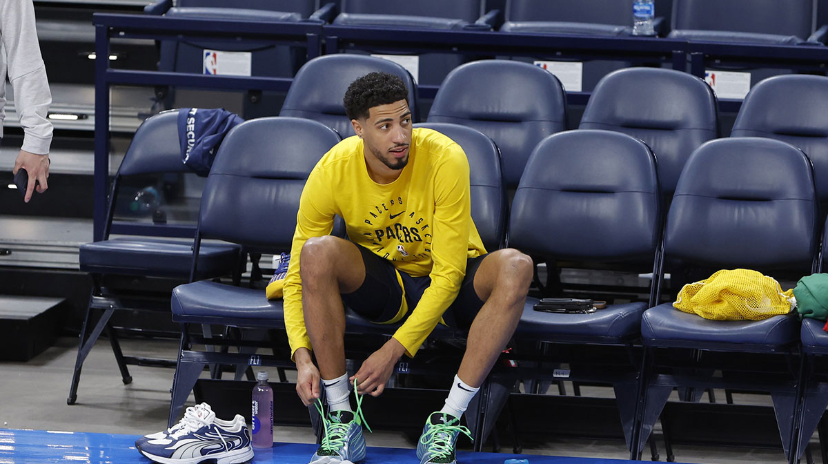 Indiana Pacers guard Tyrese Haliburton (0) during NBA Finals Media Day at Paycom Center.