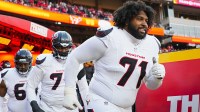 Houston Texans offensive tackle Tytus Howard (71) takes the field prior to a 2025 AFC divisional round game against the Kansas City Chiefs at GEHA Field at Arrowhead Stadium.