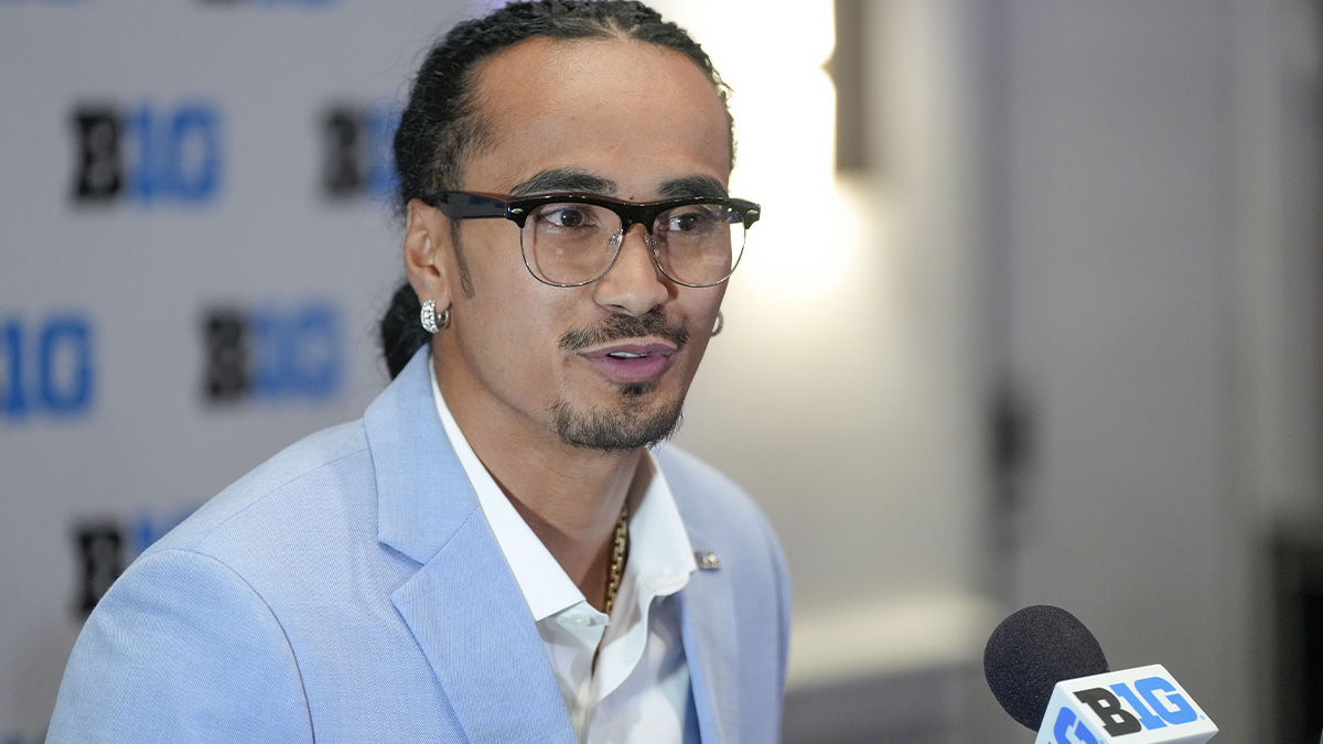 UCLA quarterback Nico Iamaleava speaks to the media during the Big Ten NCAA college football media days at Mandalay Bay Resort.