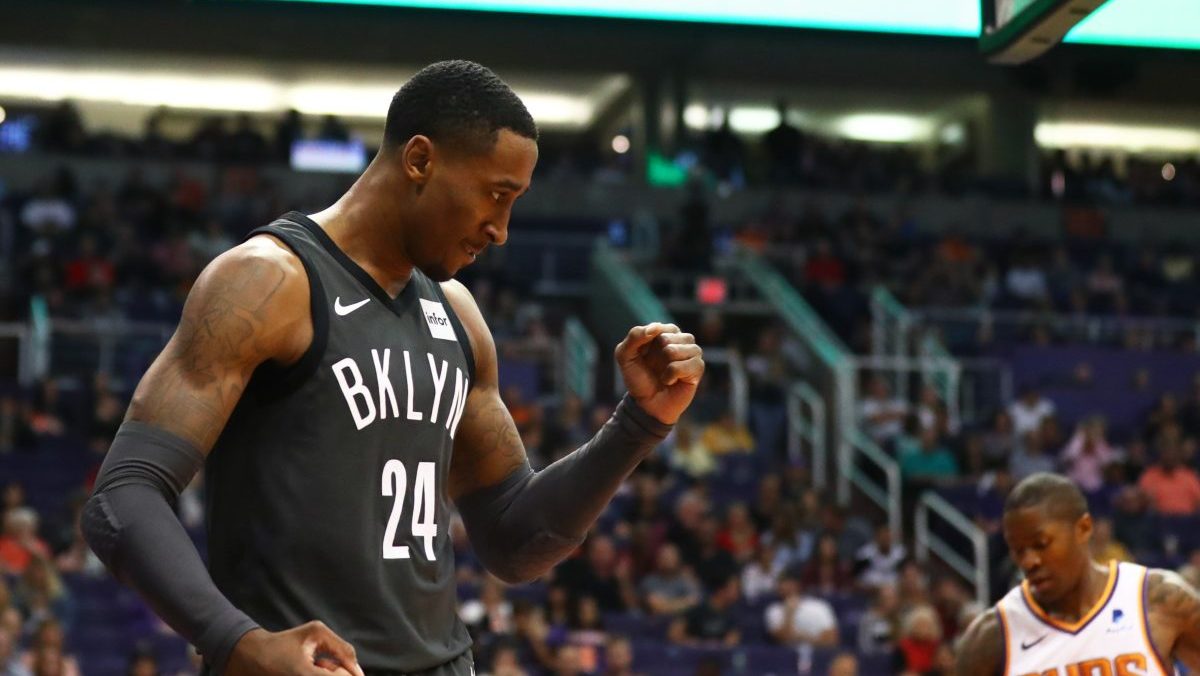 Brooklyn Nets forward Rondae Hollis-Jefferson (24) celebrates a shot in the second quarter against the Phoenix Suns at Talking Stick Resort Arena.