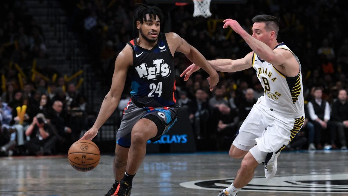 Brooklyn Nets guard Cam Thomas (24) drives to the basket while being defended by Indiana Pacers guard T.J. McConnell (9) during the third quarter at Barclays Center.