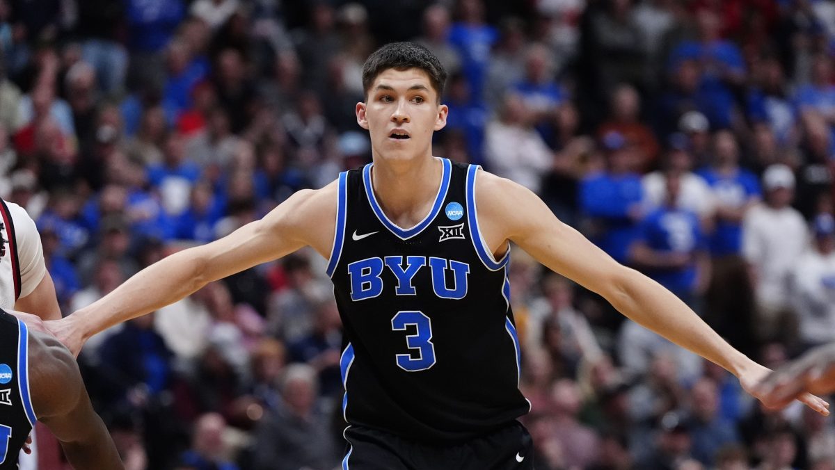 Brigham Young Cougars guard Egor Demin (3) reacts against the Wisconsin Badgers during the second half in the second round of the NCAA Tournament at Ball Arena.