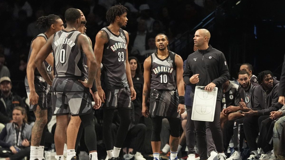 Brooklyn Nets head coach Jordi Fernandez speaks to his players at a break in the action during the first half against the Minnesota Timberwolves at Barclays Center.