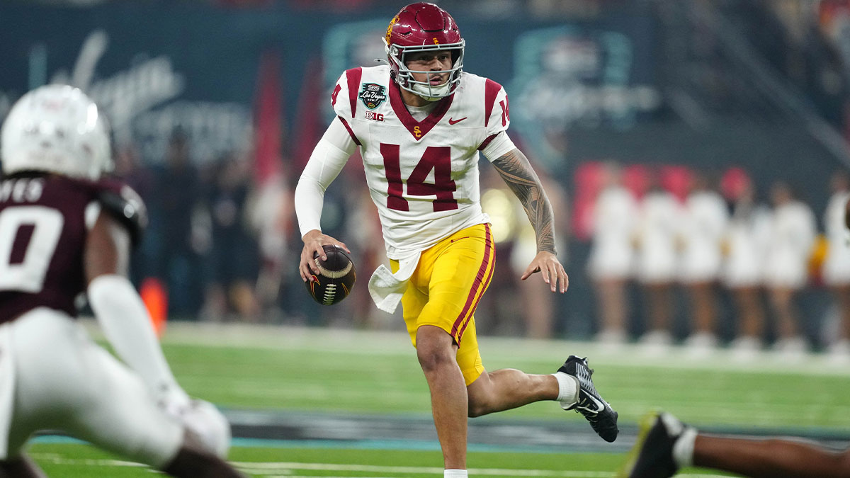 Southern California Trojans quarterback Jayden Maiava (14) throws the ball against the Texas A&M Aggies in the first half at Allegiant Stadium.