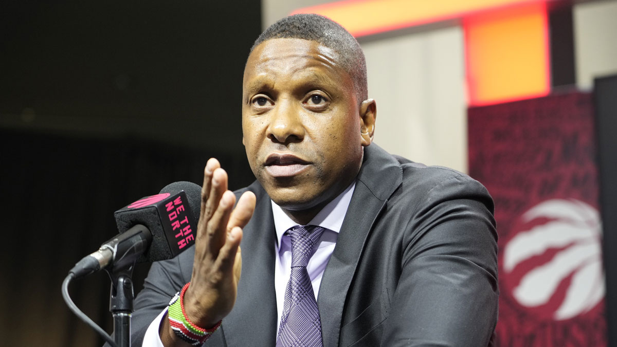 Toronto Raptors Vice-Chairman and Team President Masai Ujiri addresses the media at Scotiabank Area.