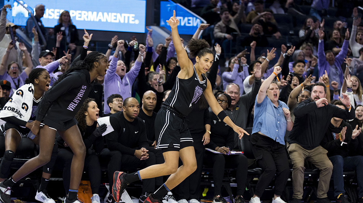Golden State Valkyries forward Janelle Salaun (13) celebrates scoring against the Dallas Wings during the third quarter at Chase Center.