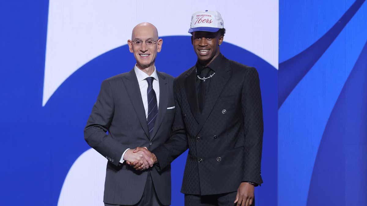 VJ Edgecombe stands with NBA commissioner Adam Silver after being selected as the third pick by the Philadelphia 76ers in the first round of the 2025 NBA Draft at Barclays Center.