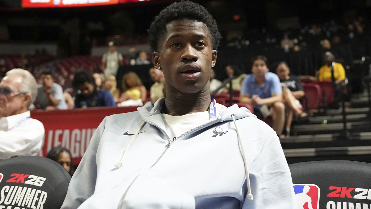 Philadelphia 76ers guard VJ Edgecombe (77) watches the game against the San Antonio Spurs from the baseline at Thomas & Mack Center.