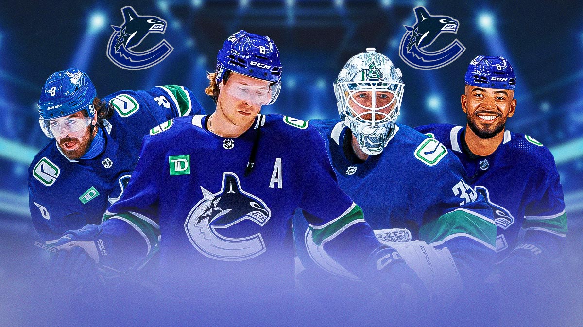 Brock Boeser, Conor Garlund, Thatcher Demko, and Pierre-Olivier Joseph with the Canucks logo in the background.