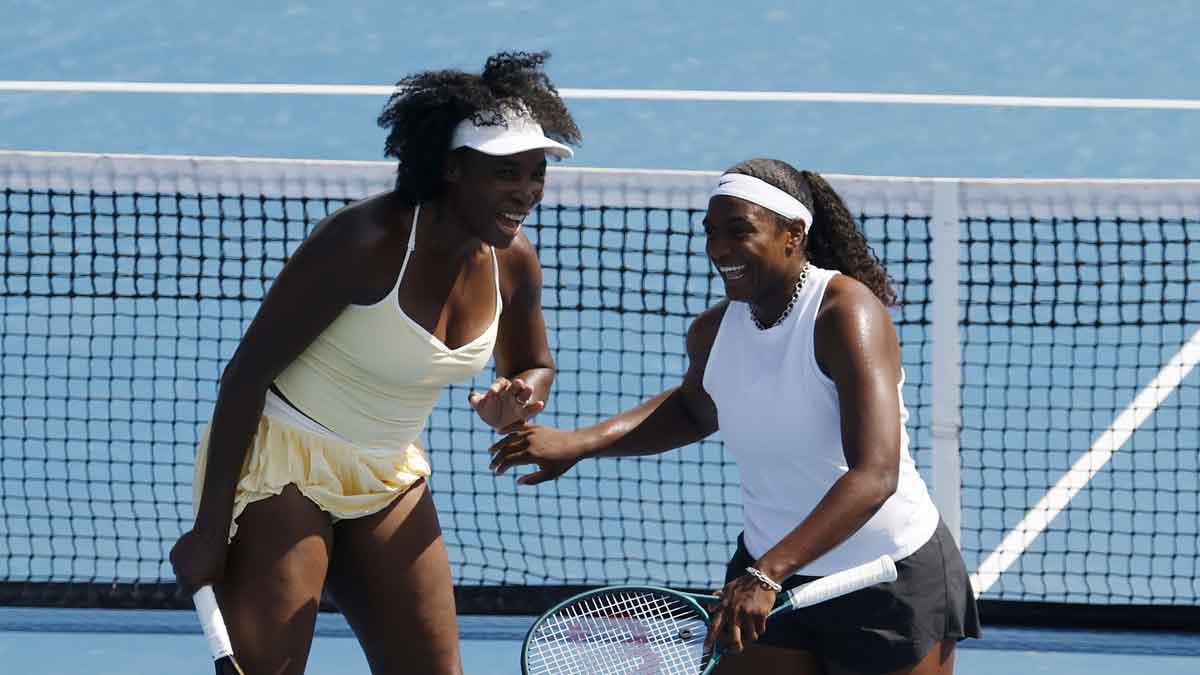 Venus Williams (USA)(L) and partner Hailey Baptiste (USA)(R) celebrate after winning a point against Eugenie Bouchard (CAN) and Clervie Ngounoue (USA) (both not pictured) in a women's doubles match on day one of the Mubadala Citi DC Open at Rock Creek Park Tennis Center.