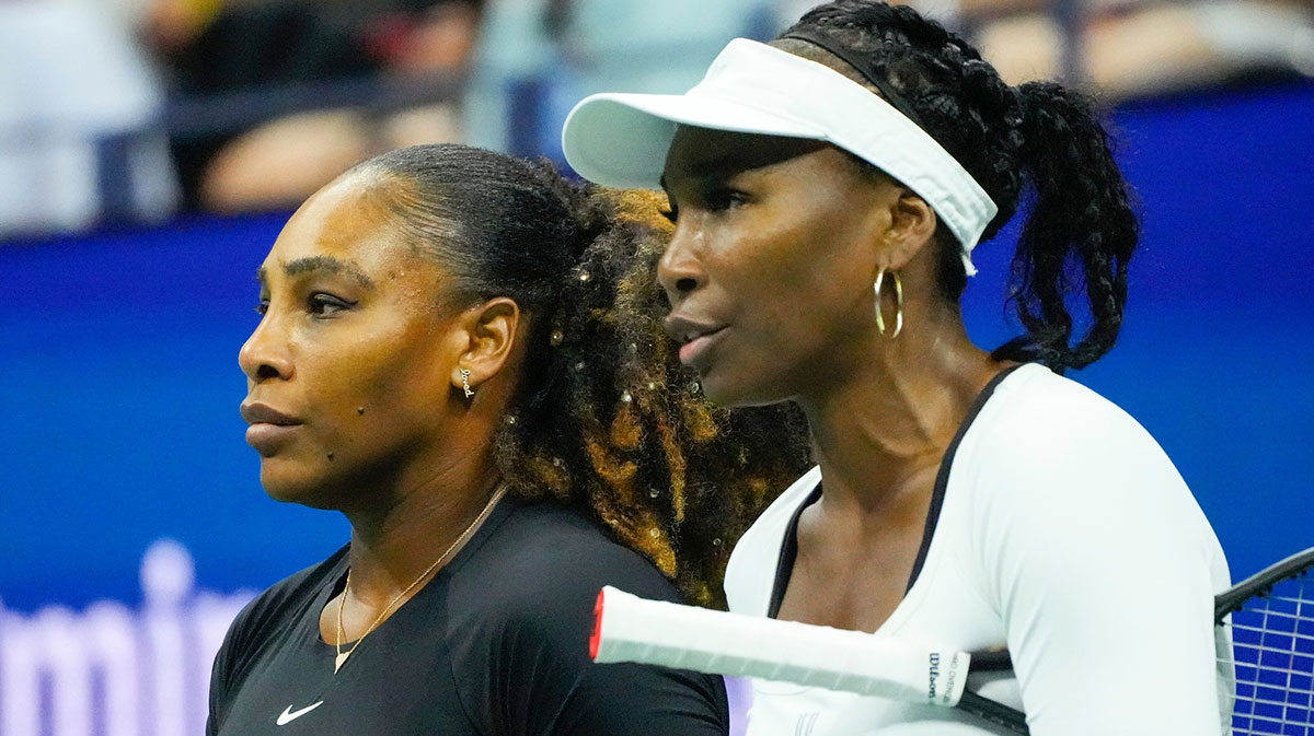 Serena Williams and Venus Williams of the USA play Lucie Hradecka and Linda Noskova of the Czech Republic in Woman's Doubles on day four of the 2022 U.S. Open tennis tournament.