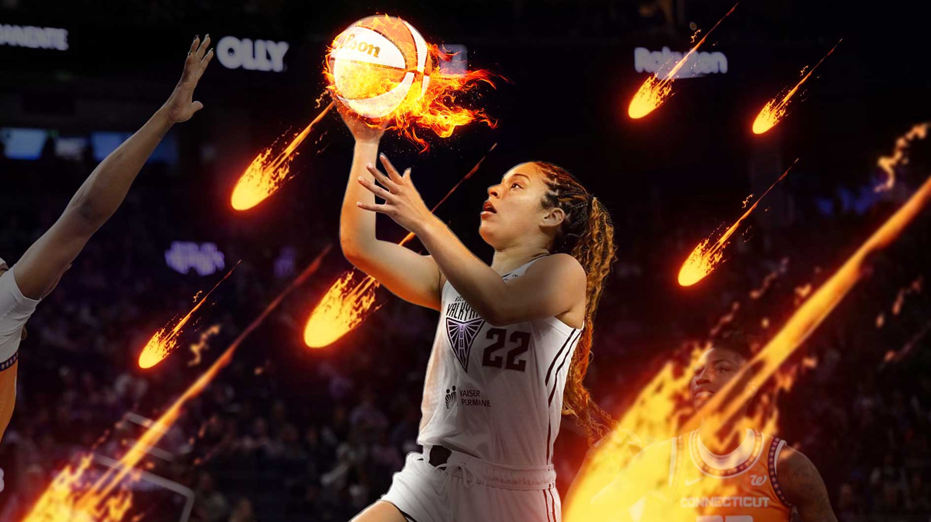 Veronica Burton shooting the ball, with her whole body on fire, her eyes glowing, and the ball on fire. With fiery meteors flying down in the background.