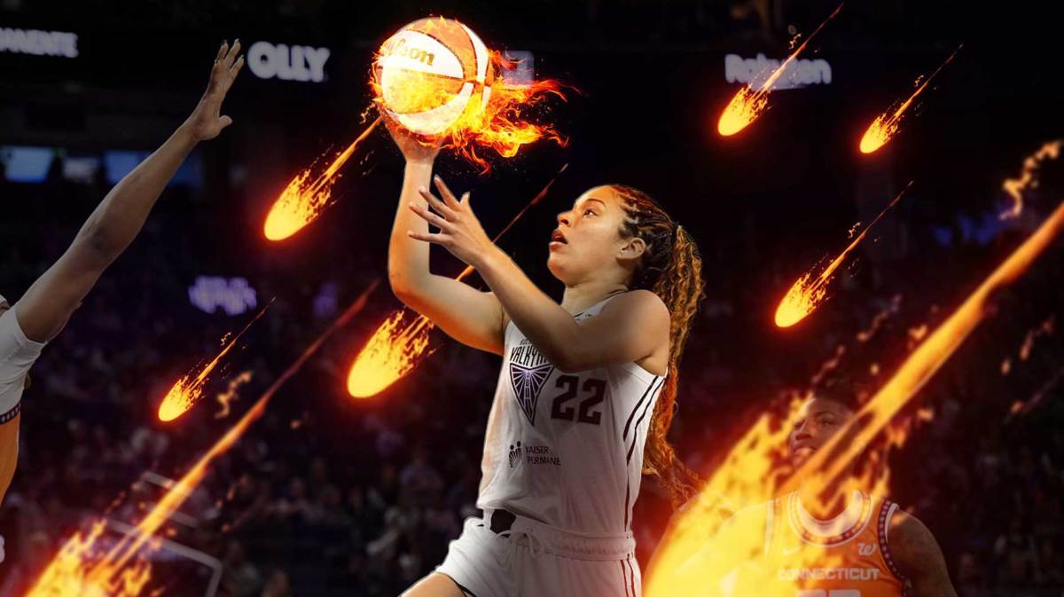 Veronica Burton shooting the ball, with her whole body on fire, her eyes glowing, and the ball on fire. With fiery meteors flying down in the background.