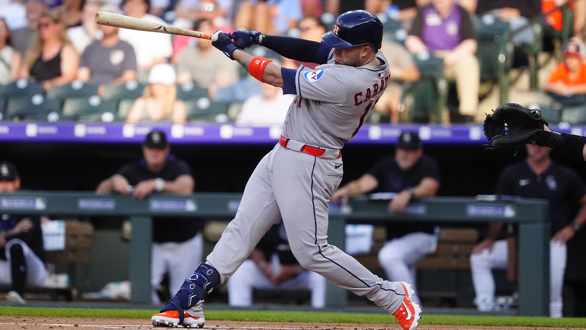 Houston Astros catcher Victor Caratini (17) singles in the second inning against the Colorado Rockies at Coors Field.