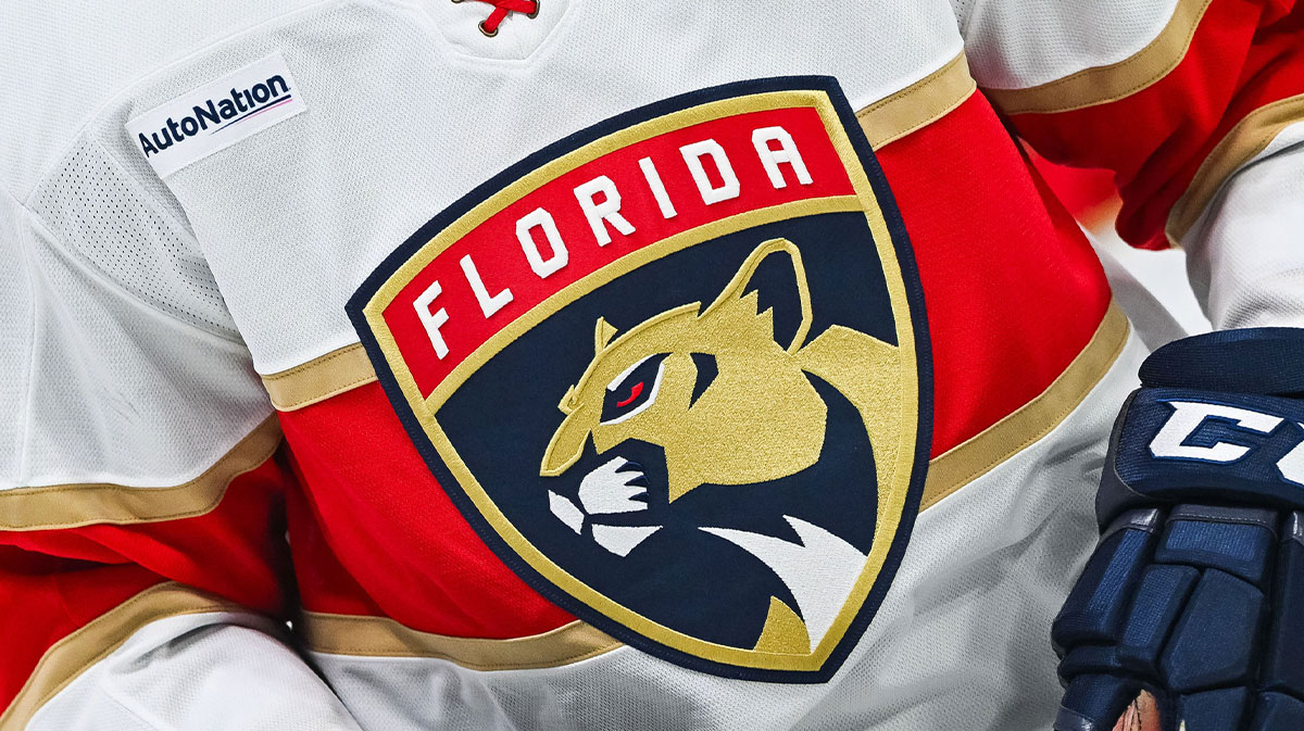 View of a Florida Panthers logo on a jersey worn by a member of the team at Bell Centre.