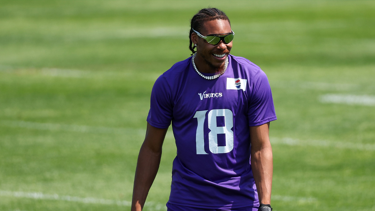 Minnesota Vikings wide receiver Justin Jefferson (18) looks on during the teams training camp at the Minnesota Vikings Training Facility.