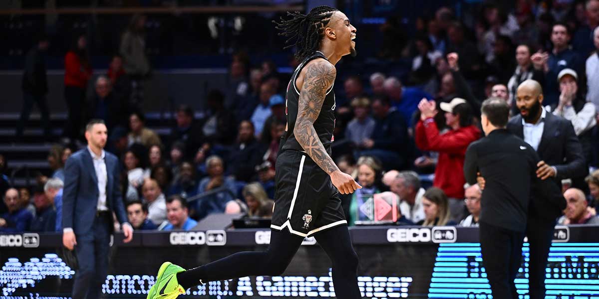 Nov 29, 2023; Villanova, Pennsylvania, USA; Saint Joseph's Hawks guard Erik Reynolds II (2) reacts after the game against the Villanova Wildcats at William B. Finneran Pavilion. Mandatory Credit: Kyle Ross-Imagn Images