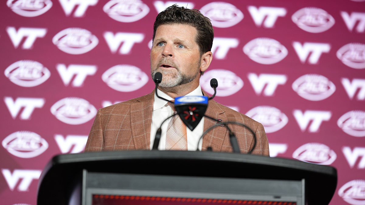 Virginia Tech head coach Brent Pry answers questions from the media during ACC Media Days at Hilton Charlotte Uptown.