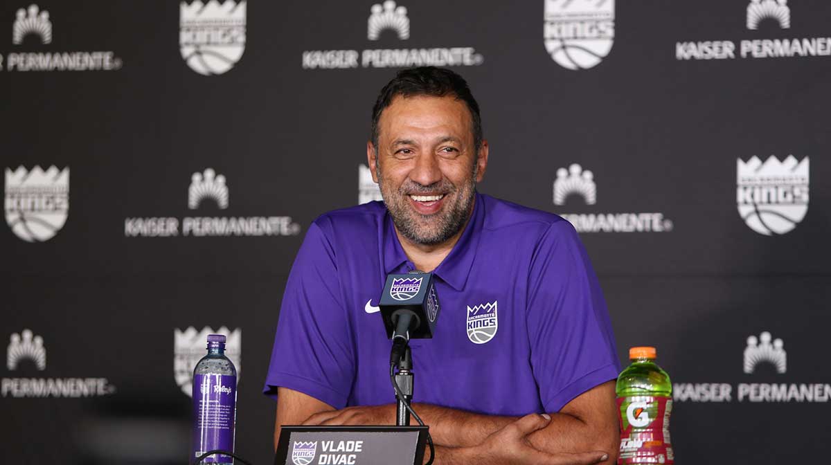 Sacramento Kings vice president of basketball Vlade Divac laughs during an introduction press conference at Golden 1 Center.