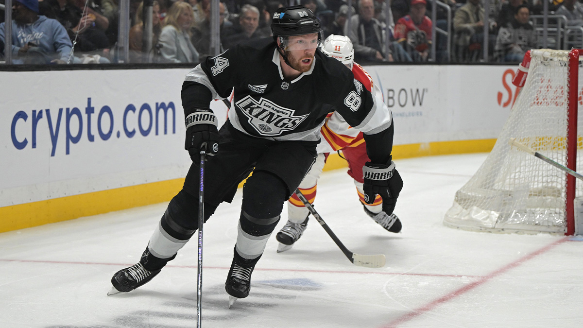 Los Angeles Kings defenseman Vladislav Gavrikov (84) controls the puck during the second period at Crypto.com Arena.
