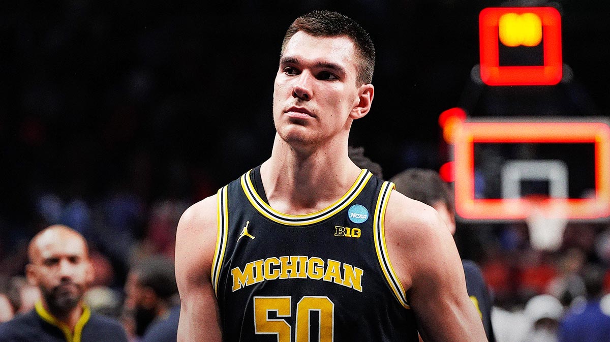 Michigan center Vladislav Goldin (50) exits the court after 78-65 loss to Auburn at the Sweet 16 round of NCAA tournament at State Farm Arena in Atlanta, Ga. on Friday, March 28, 2025.