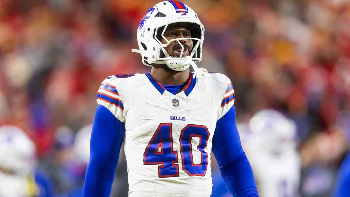 Buffalo Bills linebacker Von Miller (40) against the Kansas City Chiefs during the AFC Championship game at GEHA Field at Arrowhead Stadium.