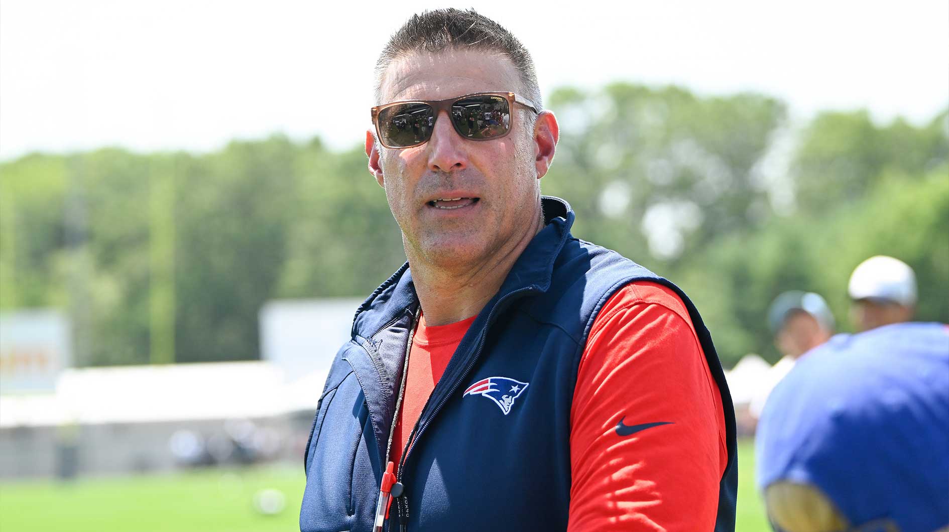 New England Patriots head coach Mike Vrabel leaves the practice fields after training camp at Gillette Stadium.