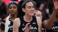 Team Collier forward Breanna Stewart (30) celebrates after the 2025 WNBA All Star Game at Gainbridge Fieldhouse.