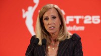WNBA commissioner Cathy Engelbert talks to the media before the 2025 WNBA Draft at The Shed at Hudson Yards.