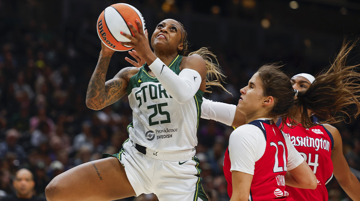 Seattle Storm guard Tiffany Mitchell (25) shoots a layup against Washington Mystics guard Sonia Citron (22) during the first quarter at Climate Pledge Arena.
