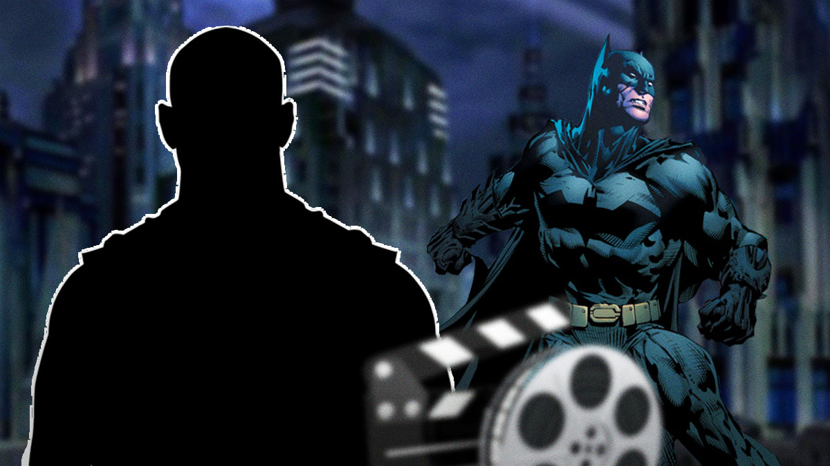Silhouette of WWE Superstar Randy Orton, who wants to act in DCU, next to Batman with Gotham City background.