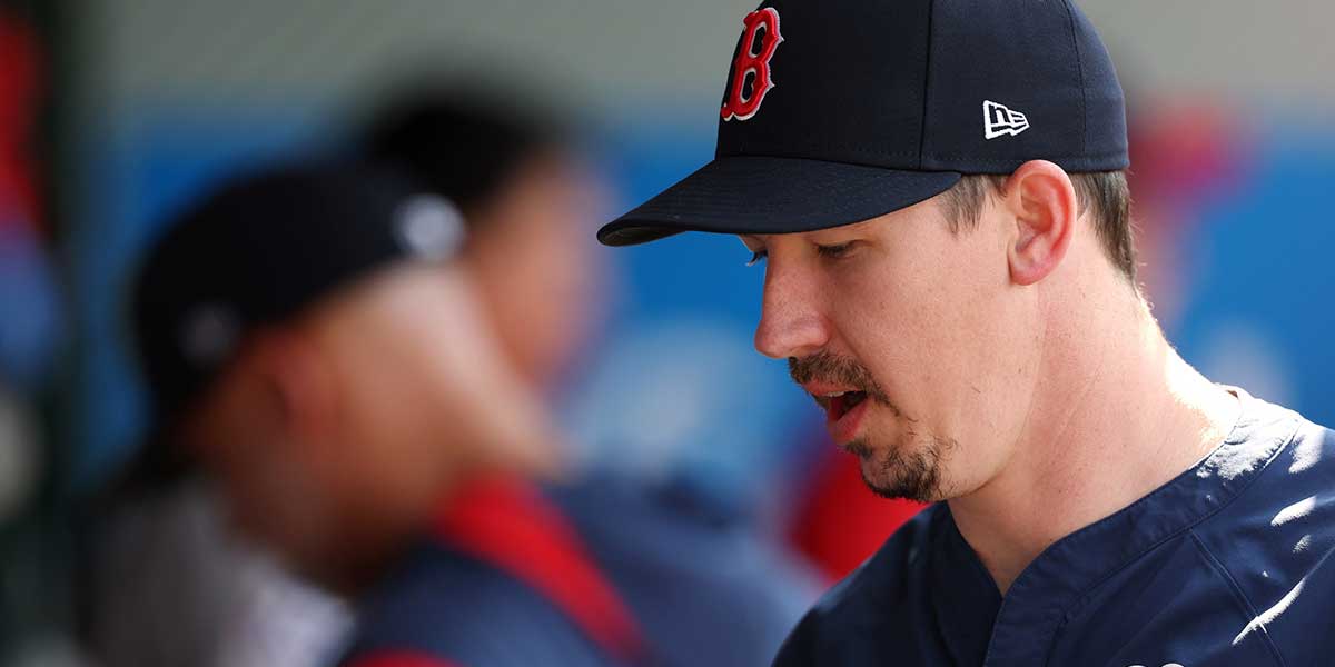 Jun 25, 2025; Anaheim, California, USA; Boston Red Sox starting pitcher Walker Buehler (0) looks on in the dugout during the eighth inning against the Los Angeles Angels at Angel Stadium. Mandatory Credit: Kiyoshi Mio-Imagn Images