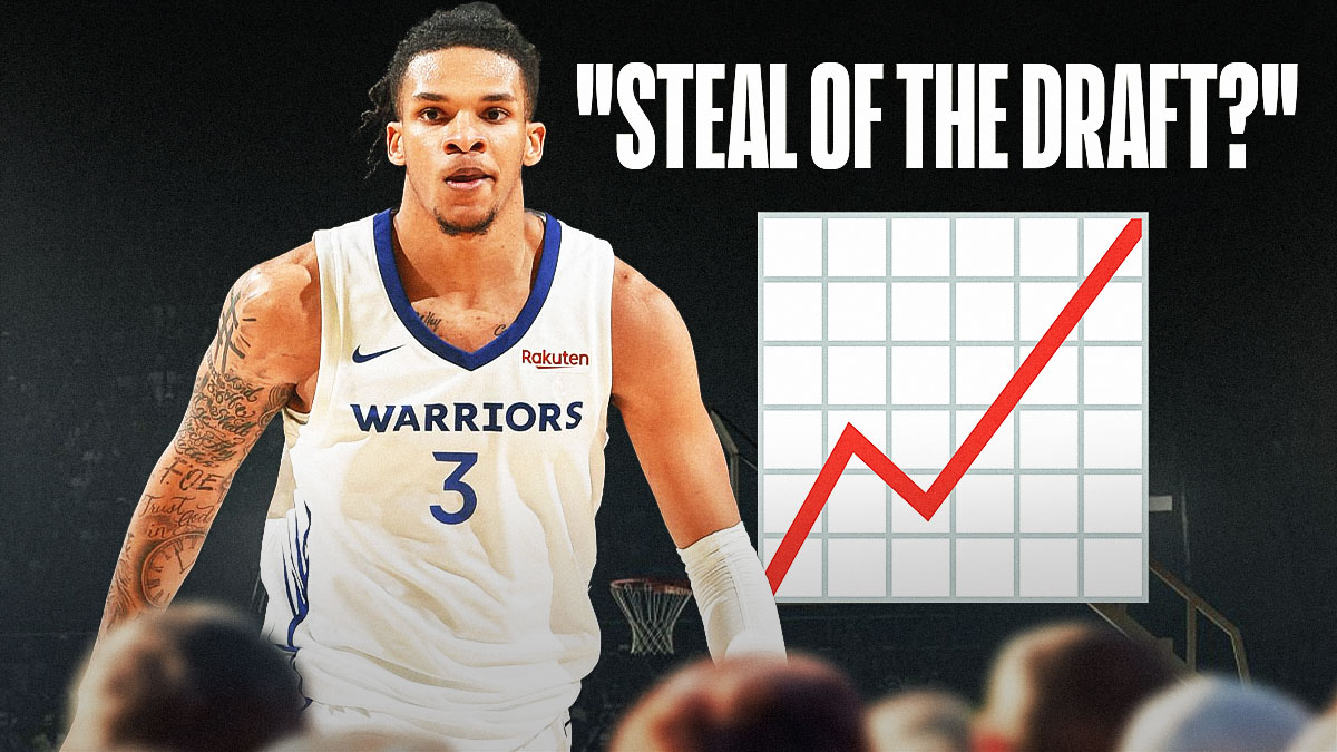 Will Richard in a Warriors jersey with a stock up emoji next to him and the words "Steal of the Draft?" in the corner
