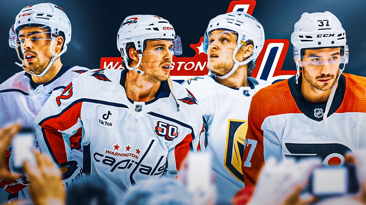 Hendrix Lapierre, Anthony Beauvillier, Sheldon Rempal, and Louie Belpedio with the Capitals logo in the background.