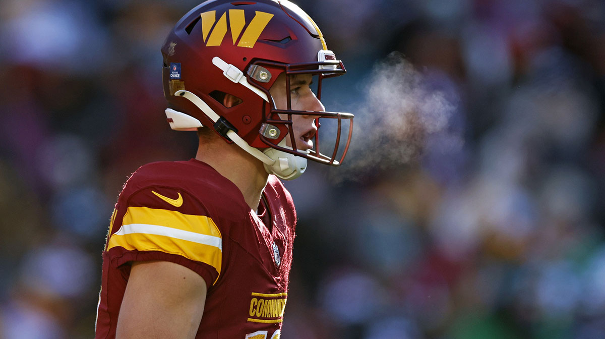 Washington Commanders wide receiver Luke McCaffrey (12) waits for a kickoff during the second quarter against the Philadelphia Eagles at Northwest Stadium.