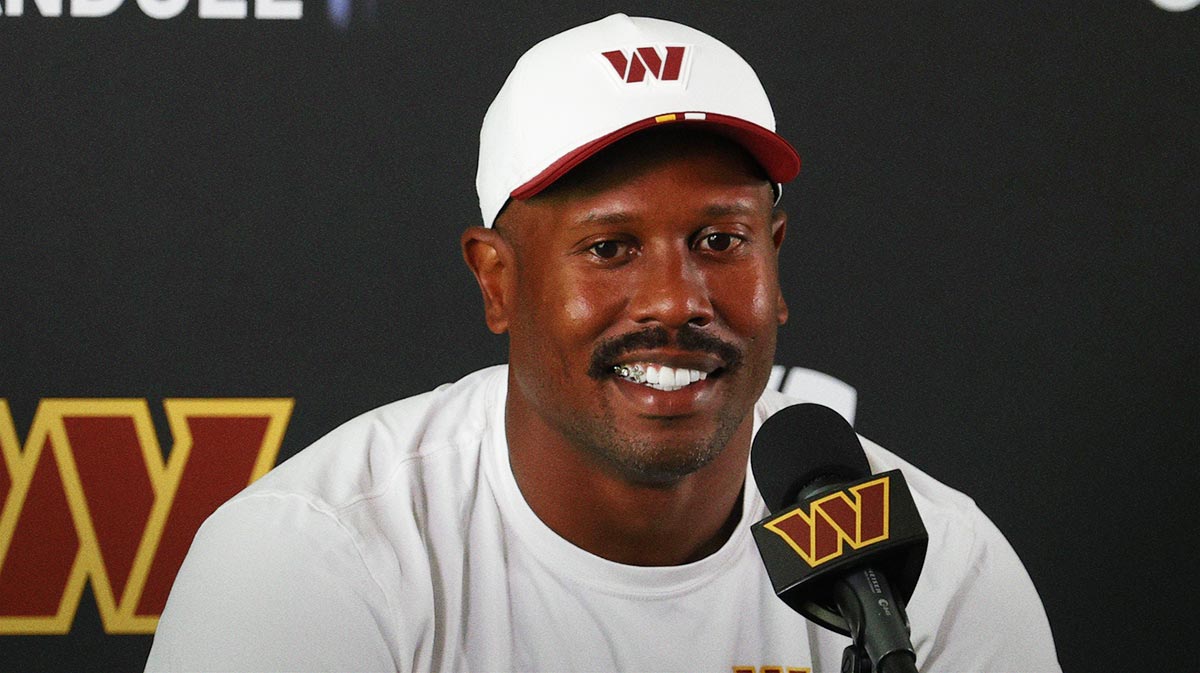 Washington Commanders outside linebacker Von Miller (24) speaks with the media after practice on day two of training camp at OrthoVirginia Training Center at Commanders Park.